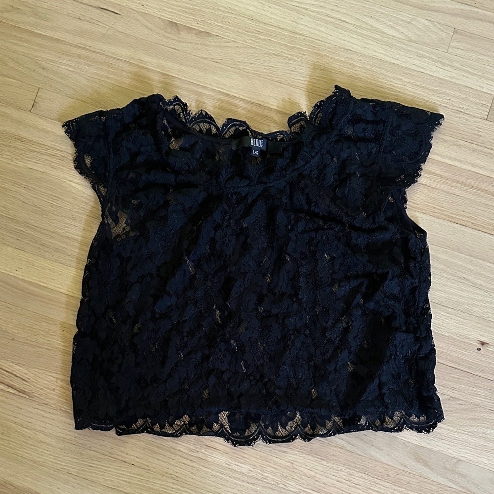BEDO Black Lace Blouse with cap sleeves -  Large